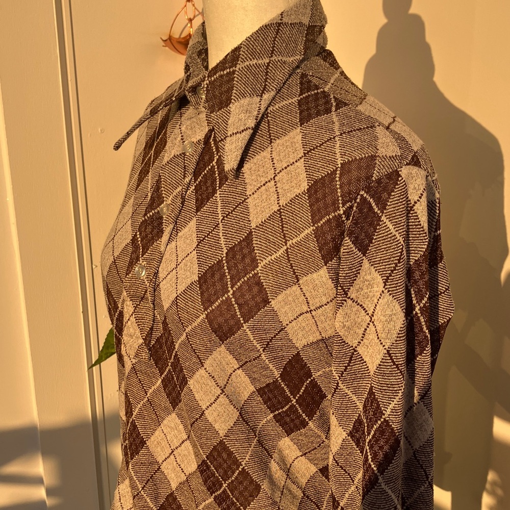 Vintage 60s 70s Preppy Brown Argyle Dagger Collar Button Down Long Sleeve Shirt - Picture 5 of 10